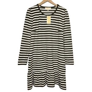 Women's L NWT Michael Kors Black & White Striped Peplum Dress Puffy Shoulder